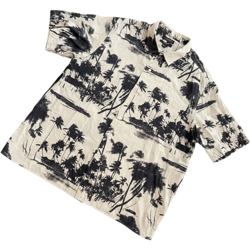 Banana Republic Mens XL Organic Cotton Palm Tree Print Relaxed Fit Shirt Black
